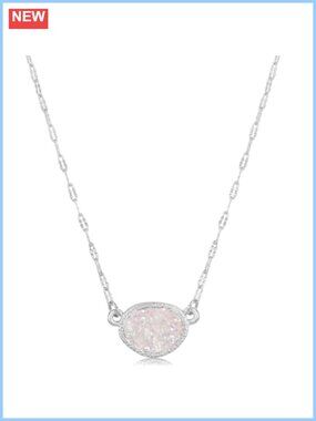 Simulated Druzy Oval Pendant Necklace Silver Tone Plated Chain
